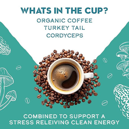 Organic Turkey Tail & Cordyceps Mushroom Coffee Dark Roast, Full Fruiting Body, Antioxidants, Immune System support, overall wellness | Grade 1 Single Origin Peruvian | 12oz - Ground