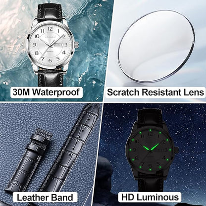 Men's Watch Big Face Easy Read Arabic Numeral Dress Watches for Men Classic Black Brown Leather Band Analog Mens Wrist Watch with Day and Date Fashion Business Waterproof Luminous Quartz Watch