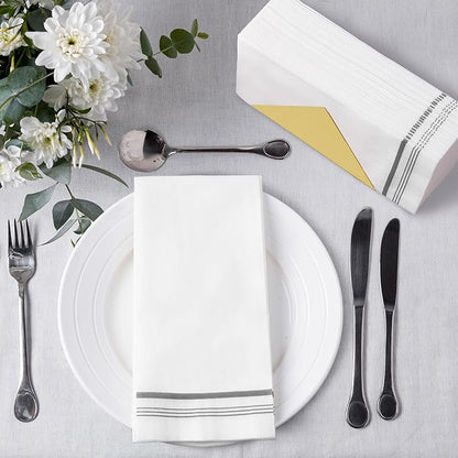 50 Linen Feel Paper Hand Towels for Bathroom, Disposable Guest Towels, Soft and Absorbent Paper Towels Napkins Bulk for Home Dinner Kitchen Wedding Graduation, 12" x 17"(Silver Trim Lined)