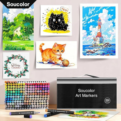 Soucolor Alcohol Markers 204 Colors with Case & Holders, Dual Tips Chisel & Fine Art Markers for Adult Coloring Kids Drawing, Artist Markers Art Supplies for Blending Sketching