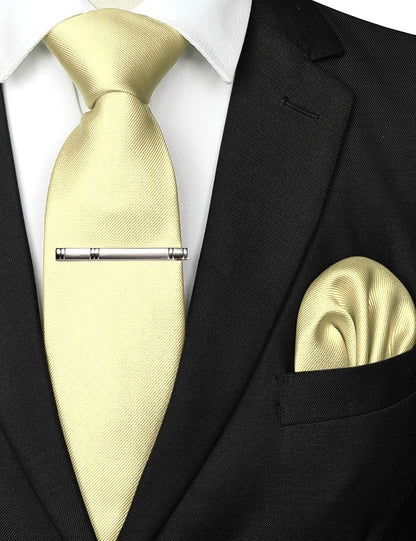 JEMYGINS Solid Color Formal Necktie and Pocket Square Tie Clip Sets for Men