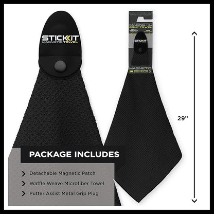 STICKIT Magnetic Towel, Black | Top-Tier Microfiber Golf Towel with Deep Waffle Pockets | Industrial Strength Magnet for Strong Hold to Golf Carts or Clubs
