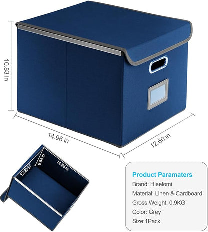 Collapsible File Box with Lid & Plastic Slide - Hanging Document Organizer for Office/Home, 14.96x12.6x10.83 Inch,Decorative Home File Bin,Blue, 1 Pack (No Folders Included)