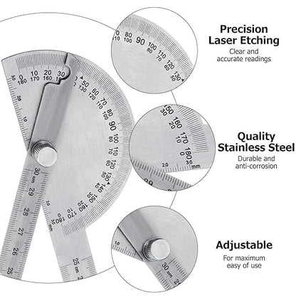 Angle Protractor Angle Finder Ruler Two Arm Stainless Steel Protractor Woodworking Ruler Measure Tool with 0-180 Degrees(30 cm/ 11.8 Inch)