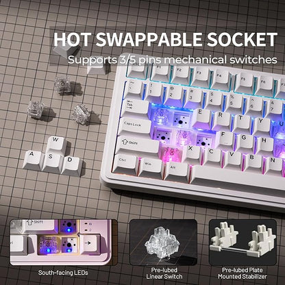 x XVX M75 75% Wireless Gaming Mechanical Keyboard, BT5.0/2.4GHz/USB-C,Hot Swappable Creamy Pre-lubed Switches,Gasket Structure,RGB Backlit White Keyboard w/Knob for PC/Laptop/Xbox/PS4/PS5,LUMINA HEART