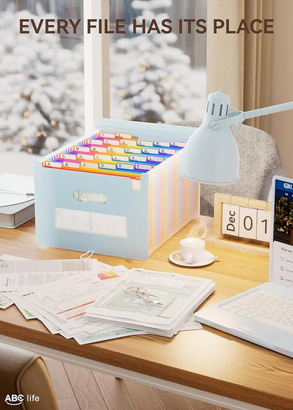 ABC life 26 Pockets Accordion File Organizer, Expanding File Folder, Portable Monthly Paper Bill Tax Receipt Organizer, Letter A4 Size Document Organizer with Blank Labels - Light Blue