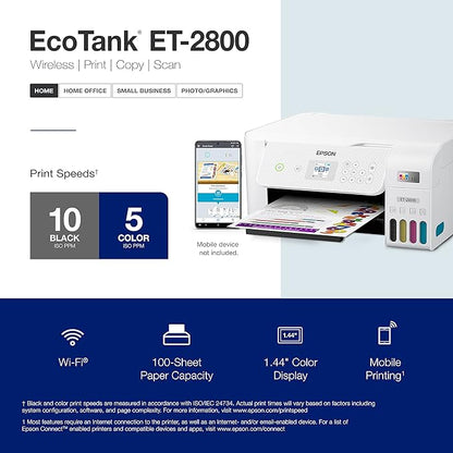 Epson EcoTank ET-2800 Wireless Color All-in-One Cartridge-Free Supertank Printer with Scan and Copy â€“ The Ideal Basic Home Printer - White, Medium