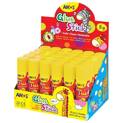 AMOS Glue Sticks — 8 g (0.28 oz), 30 Sticks in Display Box, Kid’s Design for School, Office & Crafts — Washable, Non-Toxic, Acid-Free