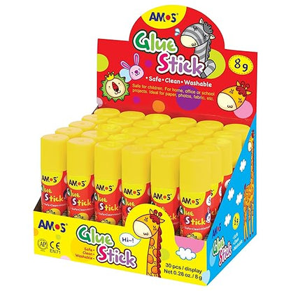 AMOS Glue Sticks — 8 g (0.28 oz), 30 Sticks in Display Box, Kid’s Design for School, Office & Crafts — Washable, Non-Toxic, Acid-Free