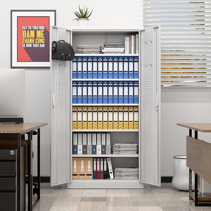 71"H×34"W×18"D Metal Garage Storage Cabinet with Lock and Pegboard, Steel Lockable File Cabinet with 2 Doors and 5 Adjustable Shelves for Office,Home,Garage, Storage, Assembly Required, White
