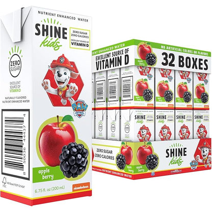 ShineWater Kids x Paw Patrol Vitamin D Apple Berry Juice Boxes | No Added Sugar | Naturally Flavored Drink for Kids | Vegan Gluten Free Hydration | 32 Pack