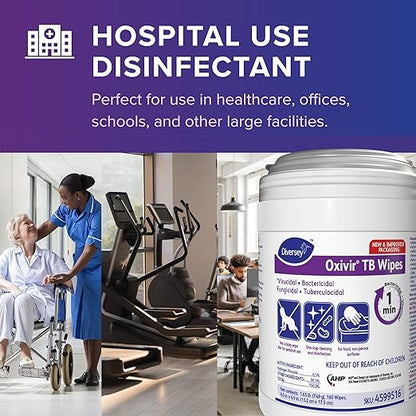 Oxivir Diversey Tb 4599516 Ready-to-Use Disinfectant Cleaning Wipes, Accelerated Hydrogen Peroxide, Unscented, Standard 6x7-Inch Sheets, 160-Wipes, 1-Canister