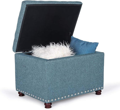 Adeco Rectangular Storage Ottoman Foot Rest Stool, Fabric Button Tufted Storage Ottoman with Hinged Lid (Cyan)