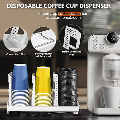 Paper Cup and Lid Holder, Disposable Coffee Cup Dispenser, 3-Slot Upright Paper Cup Dispenser for Coffee Stations, Kitchens, Bars, Restaurants, Lounges (White)