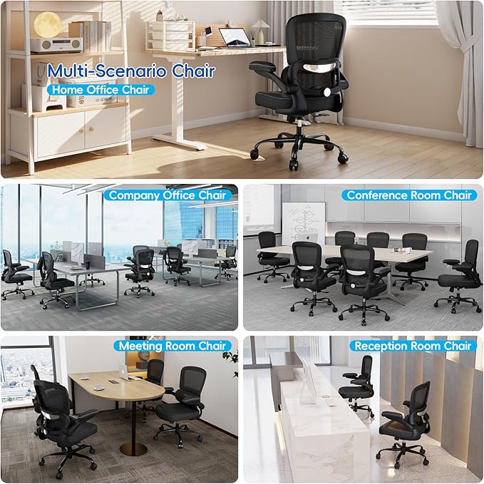 TRALT Ergonomic Office Chair - Desk Chair with Adjustable Lumbar Support Computer Chair - Mesh Comfy Chair with Flip-up Armrests - Gaming Chairs for Adults Home Office (Leather, Black)