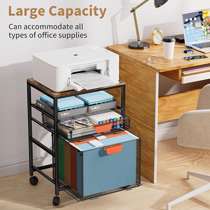 Marbrasse Rolling File Cabinet with Handle, Mobile File Cabinet on Lockable Wheels, Office Filing Cabinet Organizer, Printer Stand with Hanging File Folder Organizer for Home Office - Black
