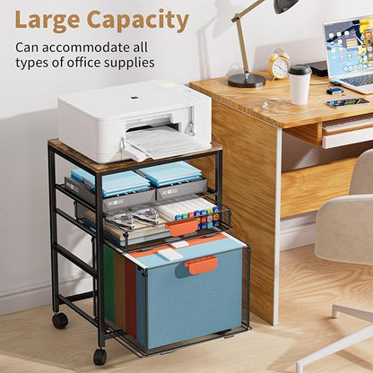 Marbrasse Rolling File Cabinet with Handle, Mobile File Cabinet on Lockable Wheels, Office Filing Cabinet Organizer, Printer Stand with Hanging File Folder Organizer for Home Office - Black