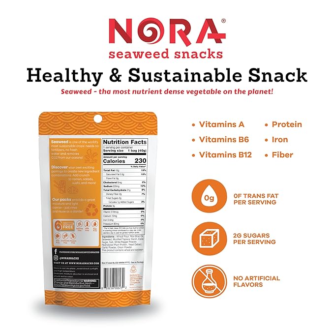 Original Tempura Seaweed Snacks by Nora, Thick Nori Sheets Snack Strips, Low-Carb Healthy Snacks for Adults, Asian Snacks, Vegan, Non-GMO, 6-Pack