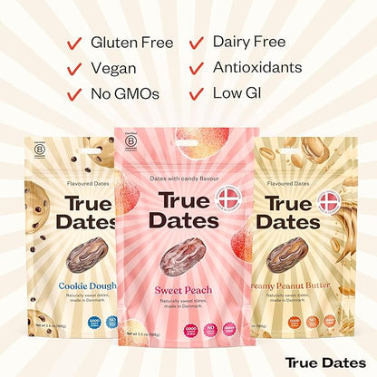 True Dates, Sweet Flavor Variety, 3-3.5 Ounce Bags (Creamy Peanut Butter, Cookie Dough, Sweet Peach) - Dates With Candy Flavor, Vegan, No Added Sugar, Gluten Free