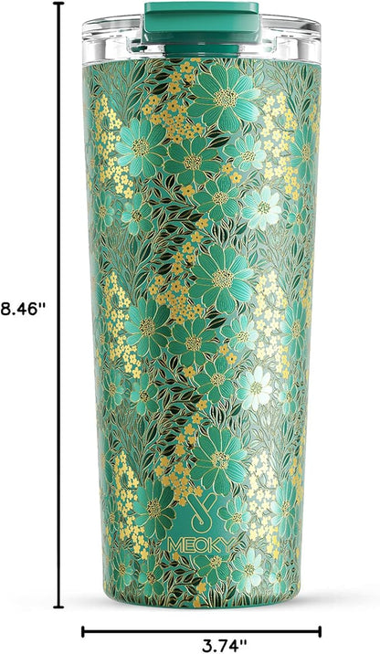 Meoky 24 oz Travel Coffee Mug with Leak-proof Lid, Stainless Steel Insulated Coffee Tumbler, Keeps Hot for 8 Hours or Cold for 24 Hours, Fits in Car Cup Holder (Emerald Bloom)