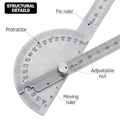 Angle Protractor Angle Finder Ruler Two Arm Stainless Steel Protractor Woodworking Ruler Measure Tool with 0-180 Degrees(30 cm/ 11.8 Inch)