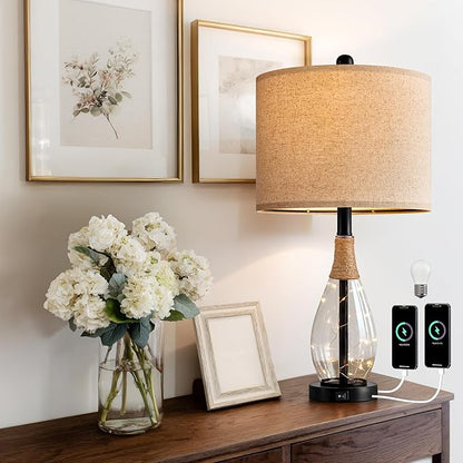 OYEARS 23" Farmhouse Table Lamps for Living Room,Boho Rattan Bedside Lamps with USB-C & USB-A Ports, Glass Nightlight, Dual Light Sources, Black