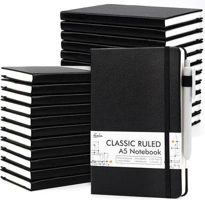 24 Pack Journal Notebook for Work, Feela Business Notebook Bulk Hardcover Lined Writing Journal with Pen Holder for Men Women Note Taking, with 24 Black Pens, 120 GSM, 5.1”x8.3”, A5, Black