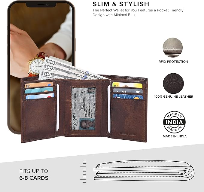 Tri fold Leather Wallet for Men with RFID | Slim Wallets for Men with 1 ID and 6 Credit card slots | Front Pocket Minimalist