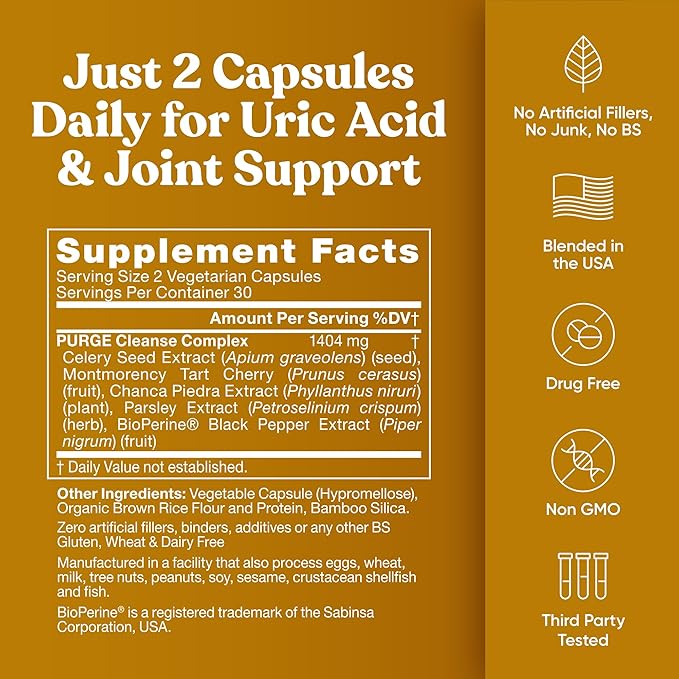 Purge Uric Acid Flush – Eat & Drink What You Want – Detox & Cleanse with Celery Seed Extract, Tart Cherry & Chanca Piedra for Effective Joint Support & Active Mobility – 120 Soft Vegan Capsules