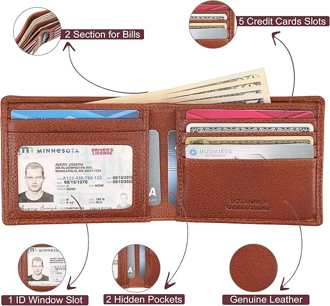Genuine Leather Mens Bifold Wallet Slim RFID Blocking 5 Credit Card Slots 1 ID Window 2 Sections for Bills 2 Additional Slots | Tan