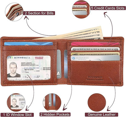 Genuine Leather Mens Bifold Wallet Slim RFID Blocking 5 Credit Card Slots 1 ID Window 2 Sections for Bills 2 Additional Slots | Tan