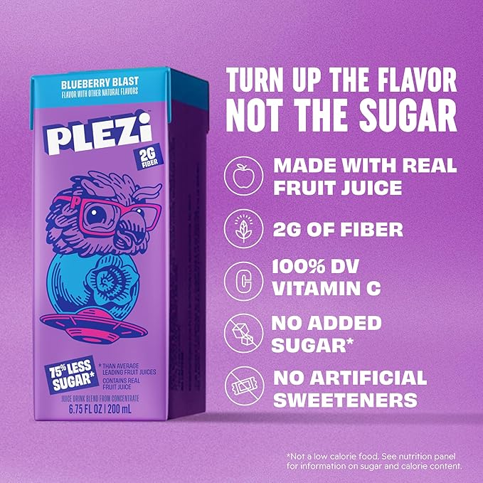 PLEZi Fruit Juice Boxes For Kids, Blueberry Blast – Low Sugar Drinks with Dietary Fiber, Healthy Vitamin C, and Potassium Electrolytes – 6.75 Fl Oz (Pack of 32)
