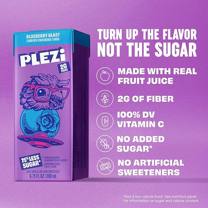 PLEZi Fruit Juice Boxes For Kids, Blueberry Blast – Low Sugar Drinks with Dietary Fiber, Healthy Vitamin C, and Potassium Electrolytes – 6.75 Fl Oz (Pack of 32)
