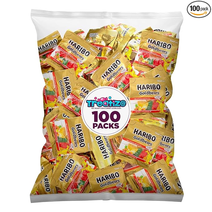 Goldbears Gummi Bears HariboCandy 100 Count - 0.4 oz Individually Wrapped Bags -Assorted Fruit Flavors - Perfect for Snacks, Treats, Goodie bags