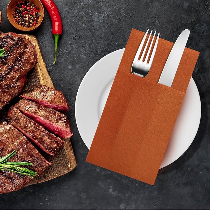 Terracotta Napkins Hand Towels Disposable, Linen-Feel Dinner Napkins with Prefolded Built-in Flatware Pocket, Guest Paper Hand Towels For Wedding, Dinner Or Party (16x16in, 50Pack）