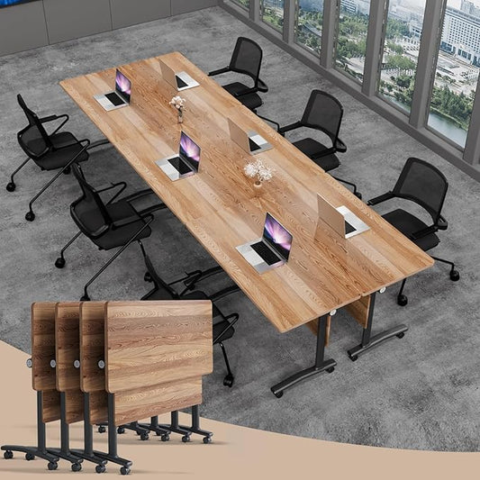 Conference Table Folding Conference Room Tables, Modern Mobile Meeting Training Table with Silent Wheels, Foldable Seminar Table for Offices, Classrooms, Libraries (4, Wood, 61in)