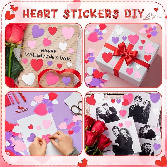 300 PCS Valentines Heart Stickers, Foam Stickers, Matte Valentines Crafts, Self-Adhesive Heart Foam Stickers 5 Colors Valentine Foam Adults Valentine's Presents