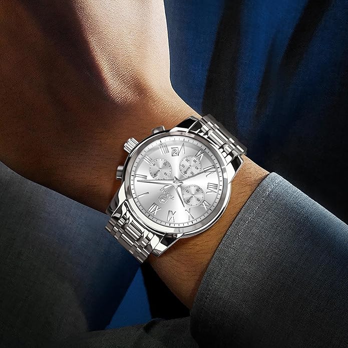 Watch Men Stainless Steel Luxury Diamond Chronograph with Date Business reloj de Hombre
