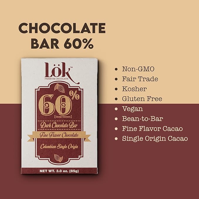 Lok Dark Chocolate Bar 60% Cacao | Fair Trade, Non GMO, Kosher, Gluten Free, Vegan, Bean-to-Bar, Paleo, Ethically Sourced Lök | 3.0 Ounce 6 Pack