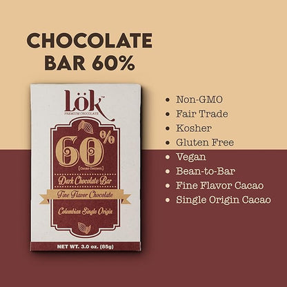 Lok Dark Chocolate Bar 60% Cacao | Fair Trade, Non GMO, Kosher, Gluten Free, Vegan, Bean-to-Bar, Paleo, Ethically Sourced Lök | 3.0 Ounce 6 Pack