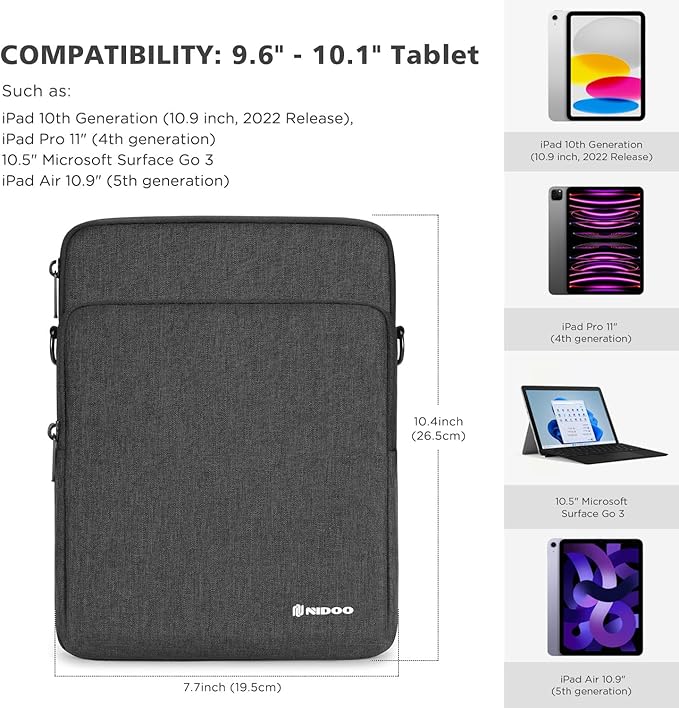 NIDOO 10 inch Laptop Sleeve - Protective Carrying Case for 11" iPad Air/Surface Go/Samsung Galaxy Tab