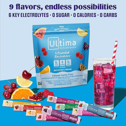 Ultima Replenisher Daily Electrolyte Powder Drink Mix - Sugar Free - Ultimate Variety, 36 Stickpacks - Hydration Packets with 6 Electrolytes and Minerals - Keto Friendly, Vegan, Non-GMO