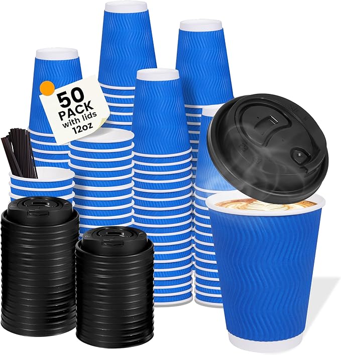 Coffee Cups, 50-Pack of 12 oz Disposable Paper Cups with Lids, Stirring Straws, Corrugated Insulated Ripple Wall for Hot & Cold Drinks（Blue）