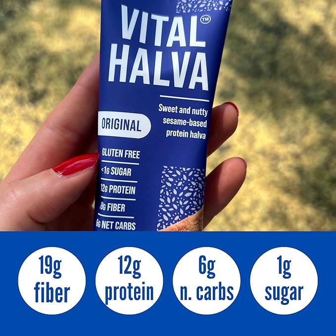 Vital Halva Vegan Protein Fiber Bar, Original Sesame, Gluten Free, Dairy Free, Soy Free, Low Sugar, No Added Sugar, 12G Protein, 19G Fiber, 6G Net Carbs, Snack Bar, 10ct