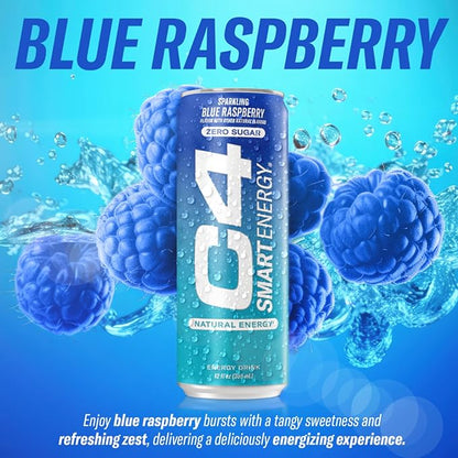 Cellucor C4 Smart Energy Drink ‚ Boost Focus and Energy with Zero Sugar, Natural Energy, and Nootropics - 200mg Caffeine - Blue Raspberry (12oz Pack of 12)