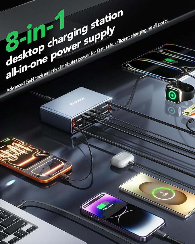 8-in-1 Retractable USB C Charger Block,105W Gan Usbc Fast Charging Station Hub for Multiple Devices,4 Retractable Cables,Type C Wall Charger Plug for iPhone 17 Pro/17/16/15/14/13,Galaxy S26,Pixel,iPad