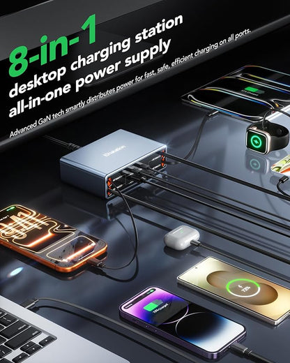 8-in-1 Retractable USB C Charger Block,105W Gan Usbc Fast Charging Station Hub for Multiple Devices,4 Retractable Cables,Type C Wall Charger Plug for iPhone 17 Pro/17/16/15/14/13,Galaxy S26,Pixel,iPad