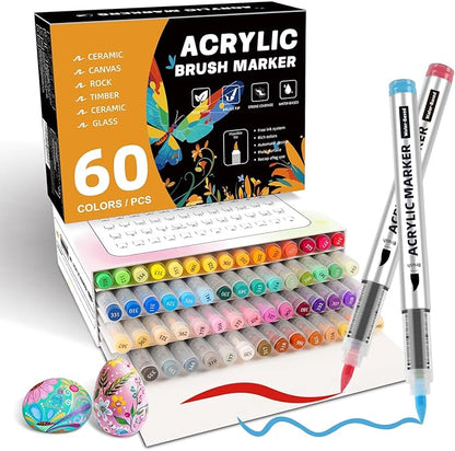 60 Colors Acrylic Paint Markers,Soft Brush Tip Paint Pens with Automatic Ink Control System,Quick Dry Waterproof Acrylic Paint Pens for Pumpkin,Wood,Metal,Fabric,Rock Painting with DIY Crafts