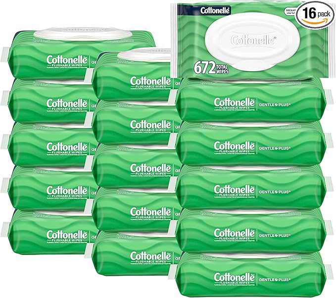 Cottonelle GentlePlus Flushable Wet Wipes with Aloe & Vitamin E, 16 Flip-Top Packs, 42 Wipes Per Pack (672 Total Wipes), Packaging May Vary