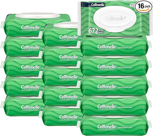 Cottonelle GentlePlus Flushable Wet Wipes with Aloe & Vitamin E, 16 Flip-Top Packs, 42 Wipes Per Pack (672 Total Wipes), Packaging May Vary